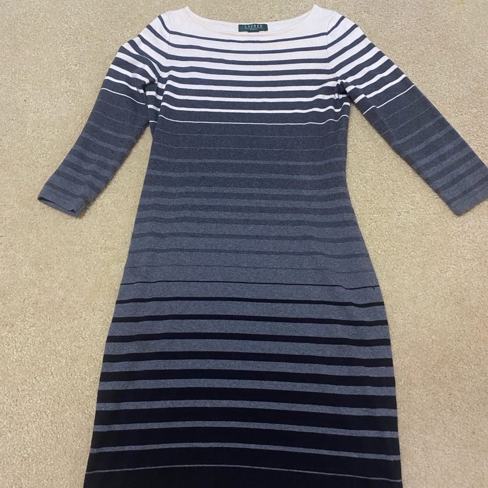 Ralph Lauren Women's 3/4 Sleeve Striped sweater Dress - Gray and White